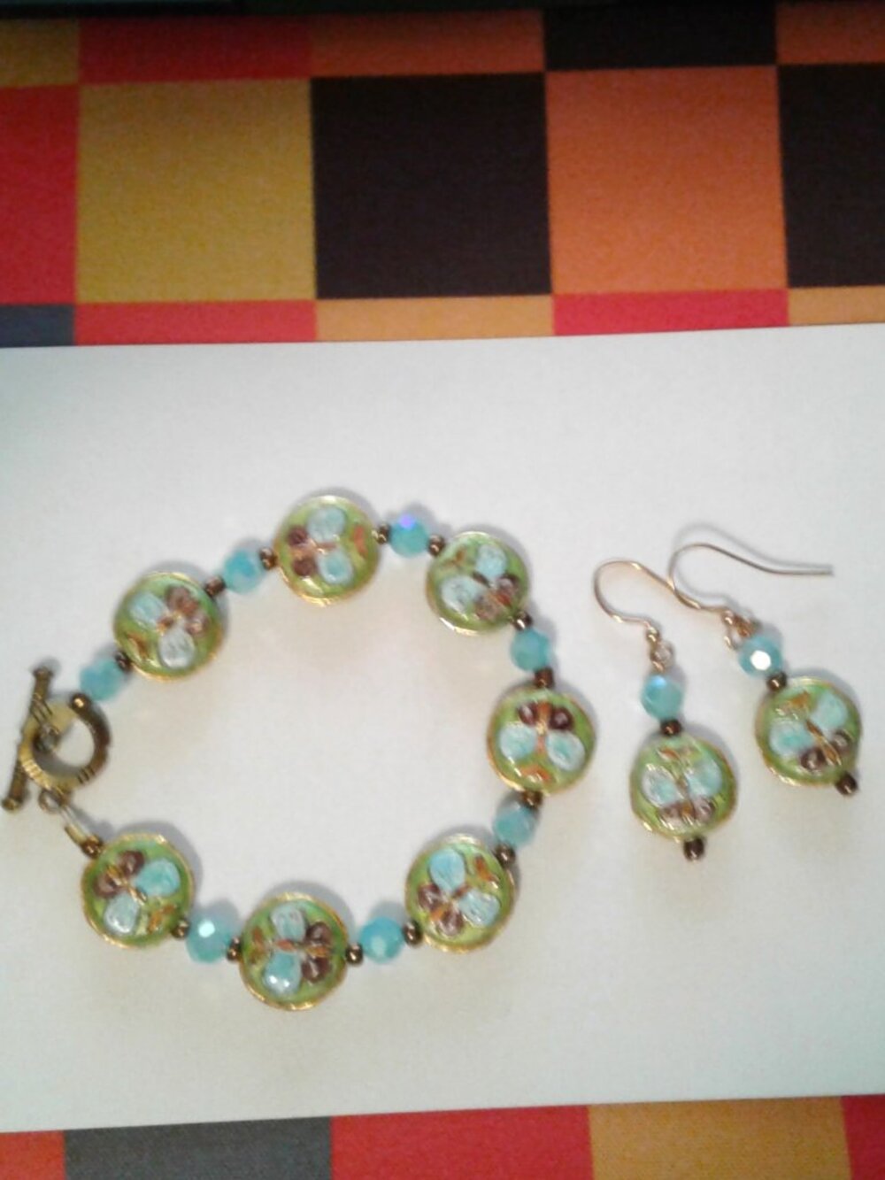 Aqua/Green Double Sided Enamel Butterfly Design Bracelet & Dangle Earrings NEW